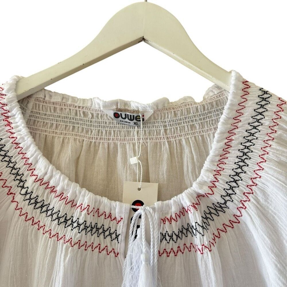 Ouwei White Red Black Embroidered Ethnic Festival Blouse SZ XL #2488 - Picture 2 of 13